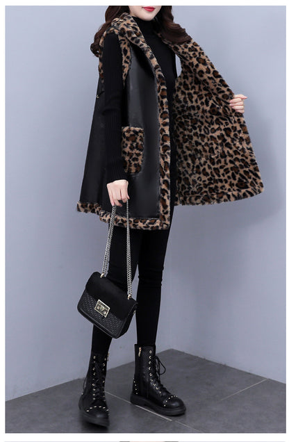 Plus Size Women's Leopard Rabbit Plush Vest Coat