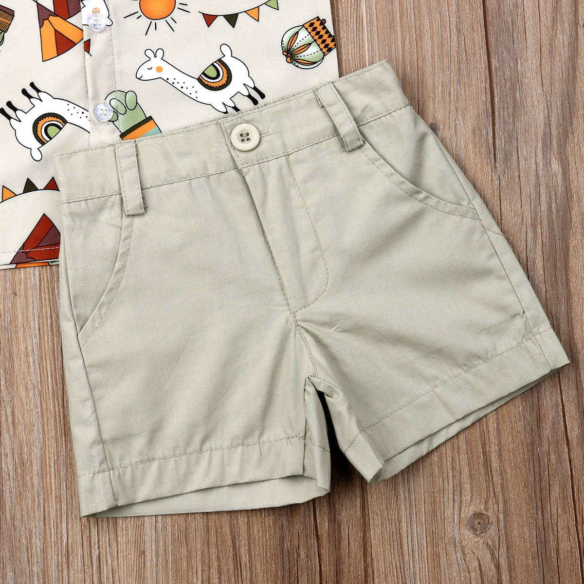 Summer boys and girls suit cartoon printed shirt solid color shorts suit