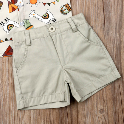 Summer boys and girls suit cartoon printed shirt solid color shorts suit