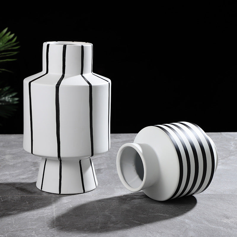 Black And White Striped Ceramic Vase Light Luxury Modern Home