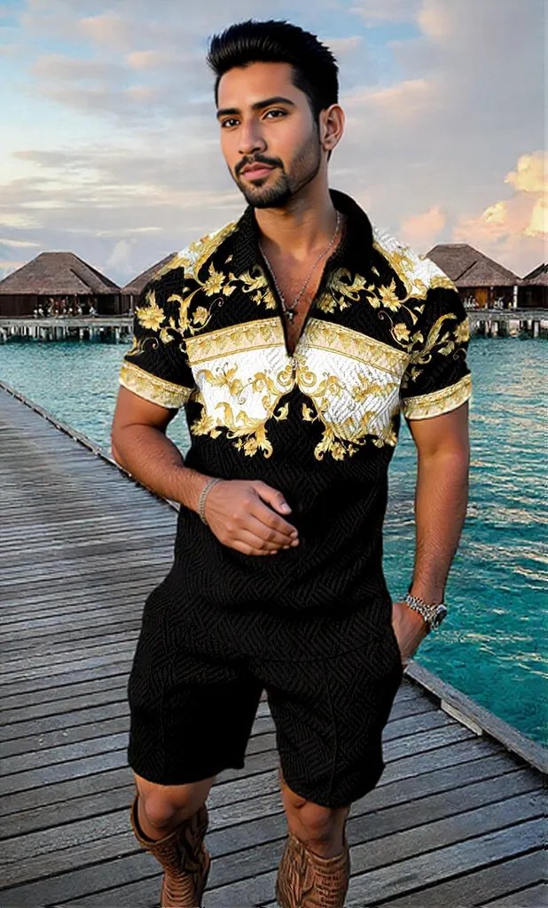 Men's Summer Fashion 3D Printed Short Sleeve Geometric Zip Lapel Shirt Set