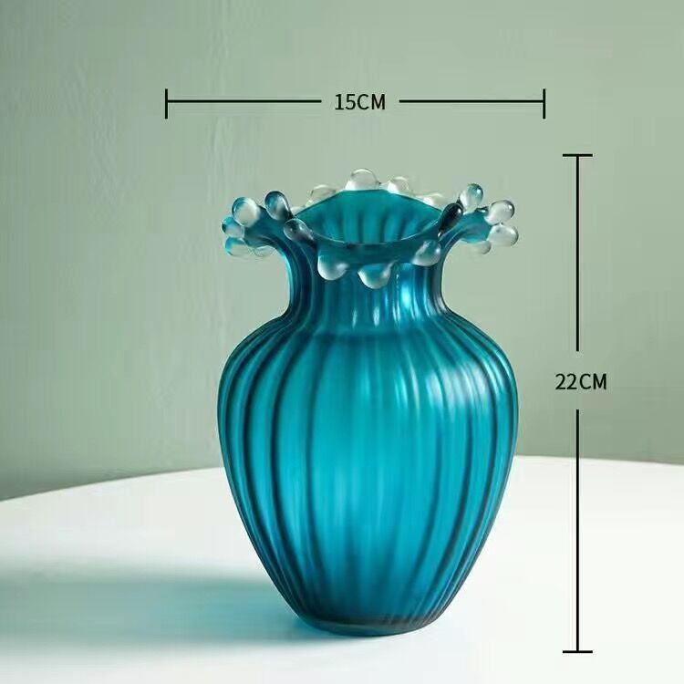 Wavy Frosted Blue Striped Glass Vase