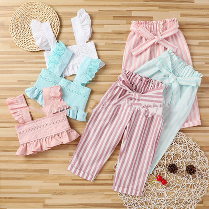 Fashionable Striped Trousers Suit With Lace And Chest Wrap