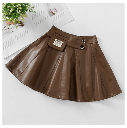 Autumn Winter New Style Children Foreign Style Korean Leather Skirt