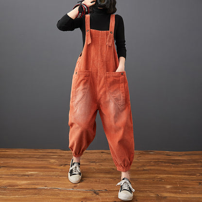 Corduroy Large Pocket Age Reduction Plus Size Overalls