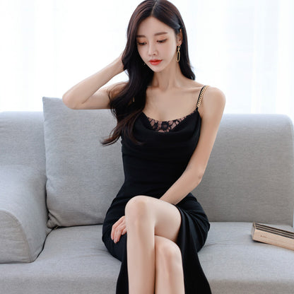 New Product Fashion Lace Stitching Bag Hip High Slit Dress Women