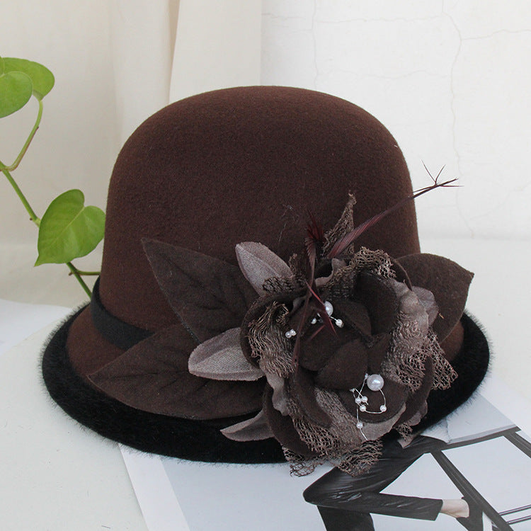 Black Brim Woolen British Feather Flower Top Hat