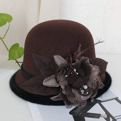 Black Brim Woolen British Feather Flower Top Hat