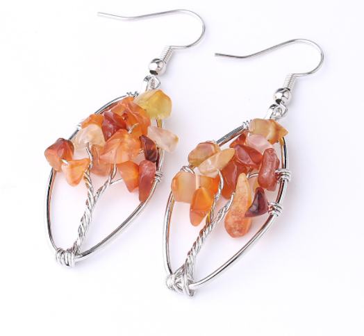 Natural Crystal Crushed Stone Earrings Handmade Tree Of Life Women's Turquoise