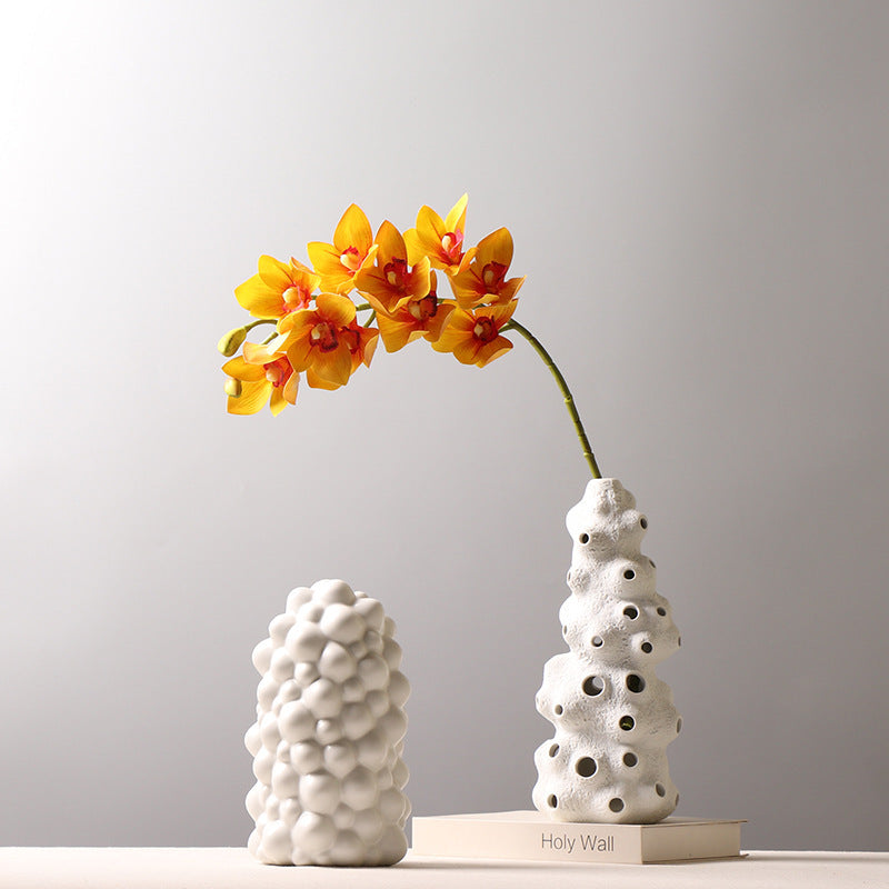 Decoration White Ceramic Vase Creative Personality Drum Bag Hollow Decoration Furnishings