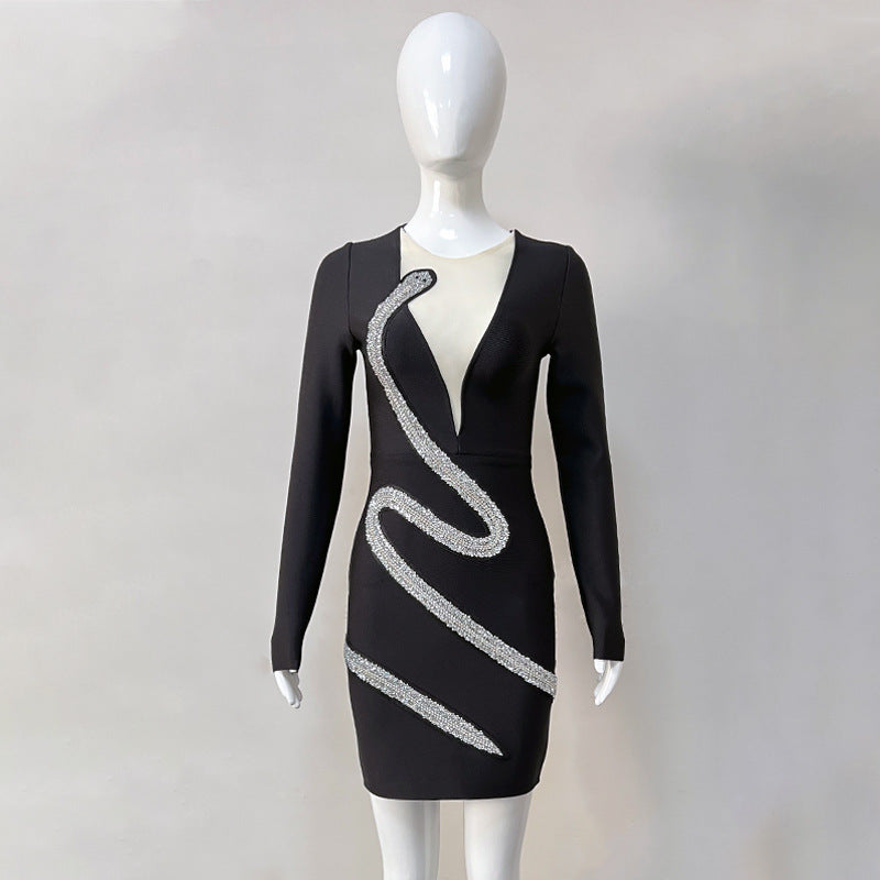 Black Diamond-encrusted Long-sleeved Slim Girl Bandage Skirt Dress