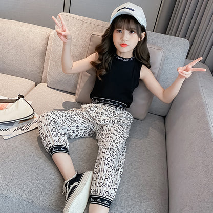Girls Korean Style Sleeveless Two-piece Sports Suit