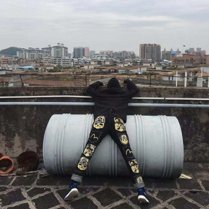 Embroidered Denim Plus Size Straight Loose Trousers