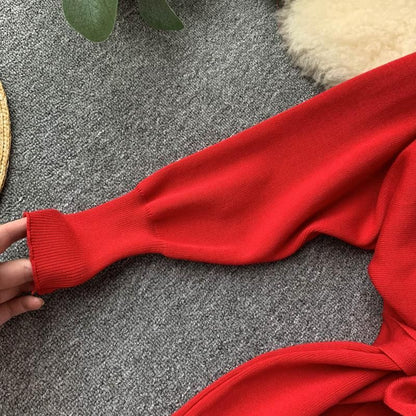New Red Fall/Autumn Winter Knitted Sweater Dress for women