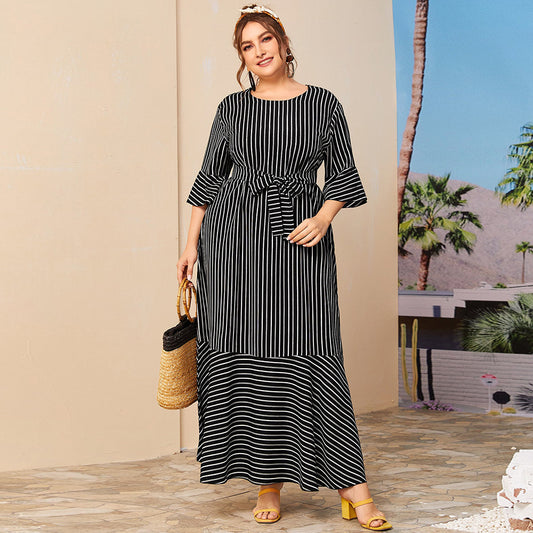 Plus size round neck striped dress