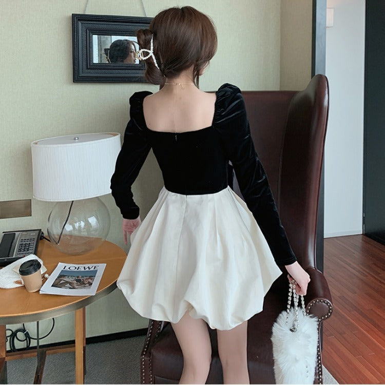 Back Puff Sleeve Stitching Gold Velvet Dress