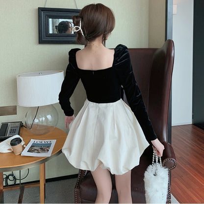 Back Puff Sleeve Stitching Gold Velvet Dress