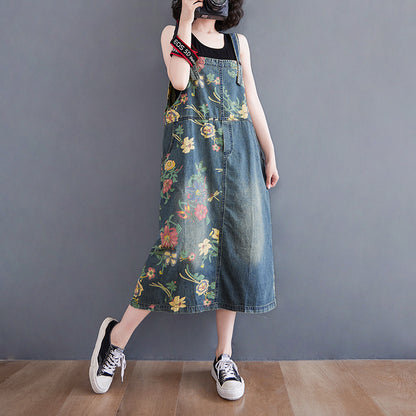 Women's Plus Size Retro Age-reducing Denim Print Suspender Skirt
