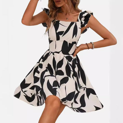 Printed Lace-up Back Backless Frill Holiday Dress