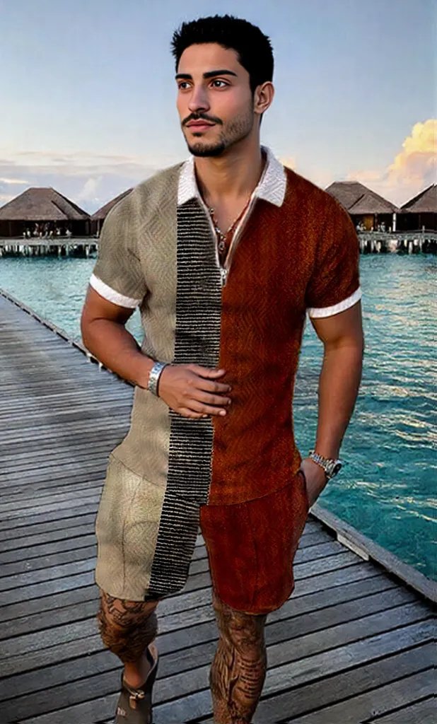 Men's Summer Fashion 3D Printed Short Sleeve Geometric Zip Lapel Shirt Set