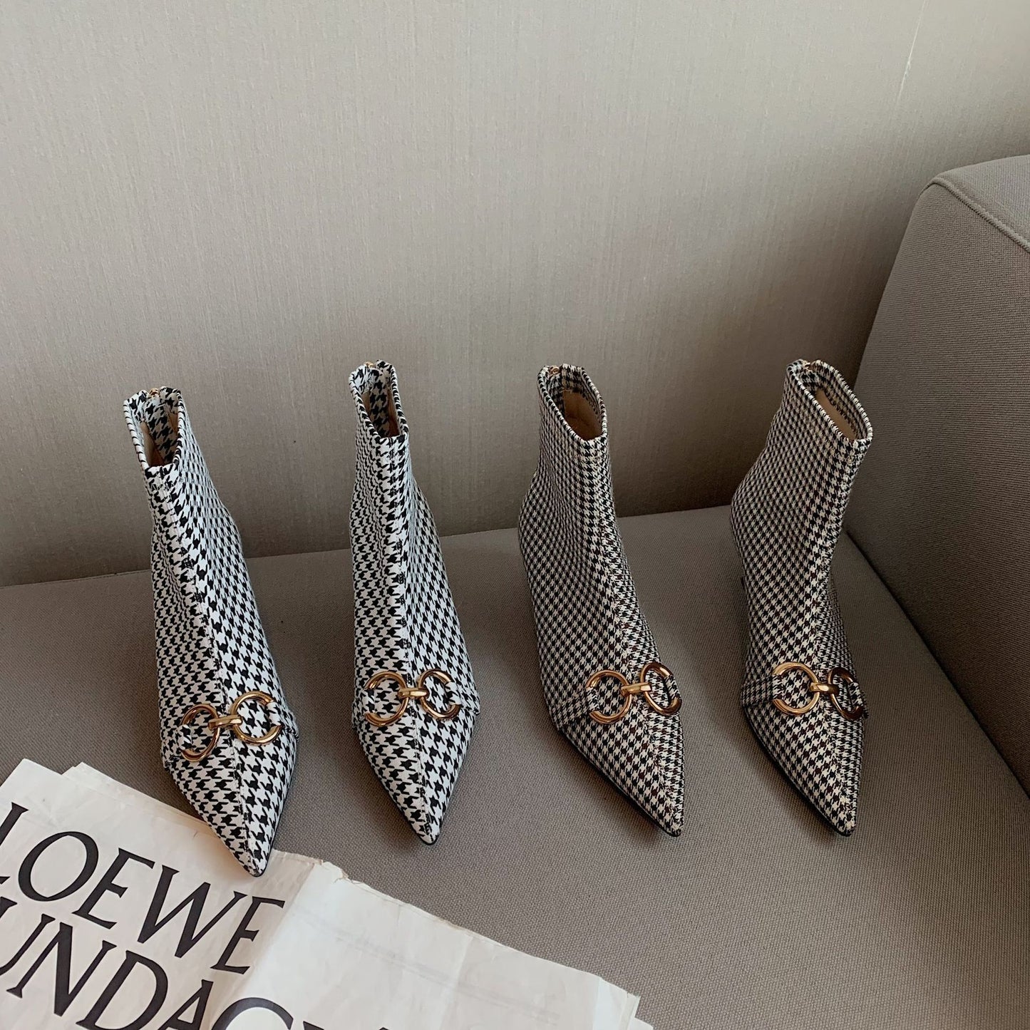 Side Zipper Small Heel Houndstooth Fashion Boots