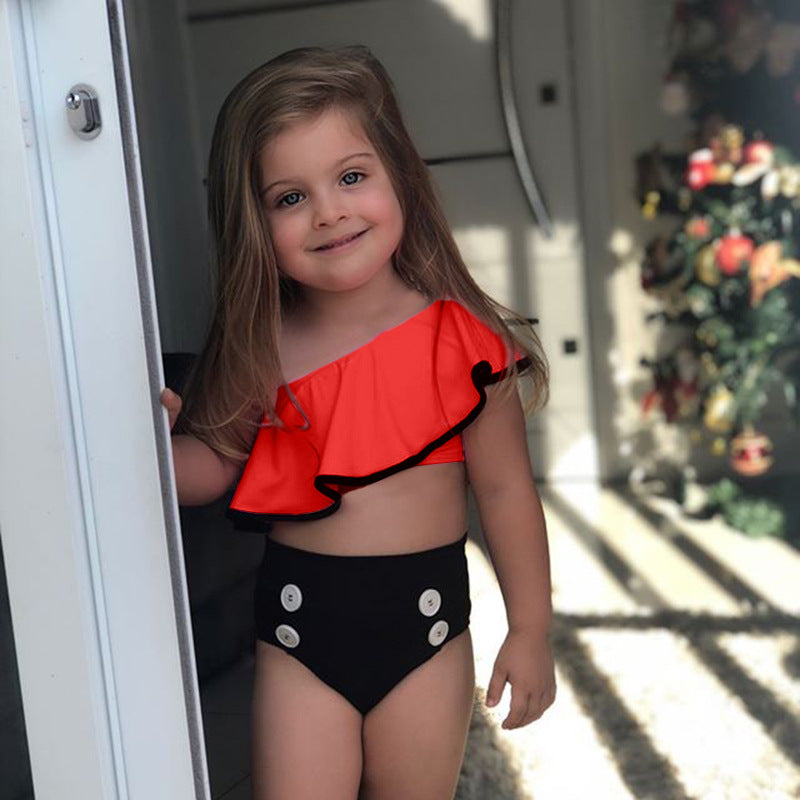 Girls Summer Split Slanted Shoulder Ruffled Candy Color Swimsuit