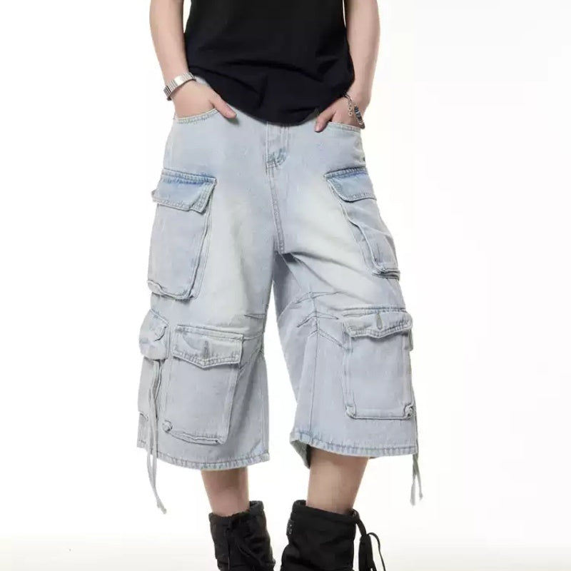 Retro Multi-pocket Denim Cargo Pants Shorts Women's Summer Loose Washed-out