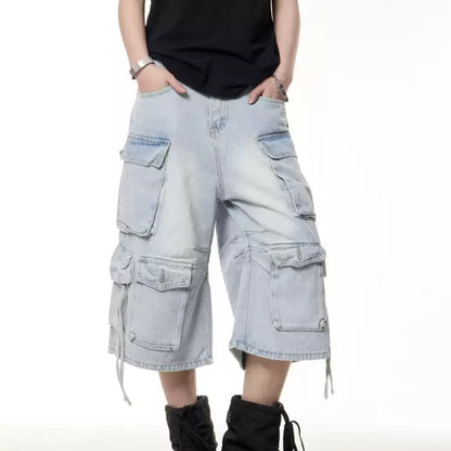 Retro Multi-pocket Denim Cargo Pants Shorts Women's Summer Loose Washed-out