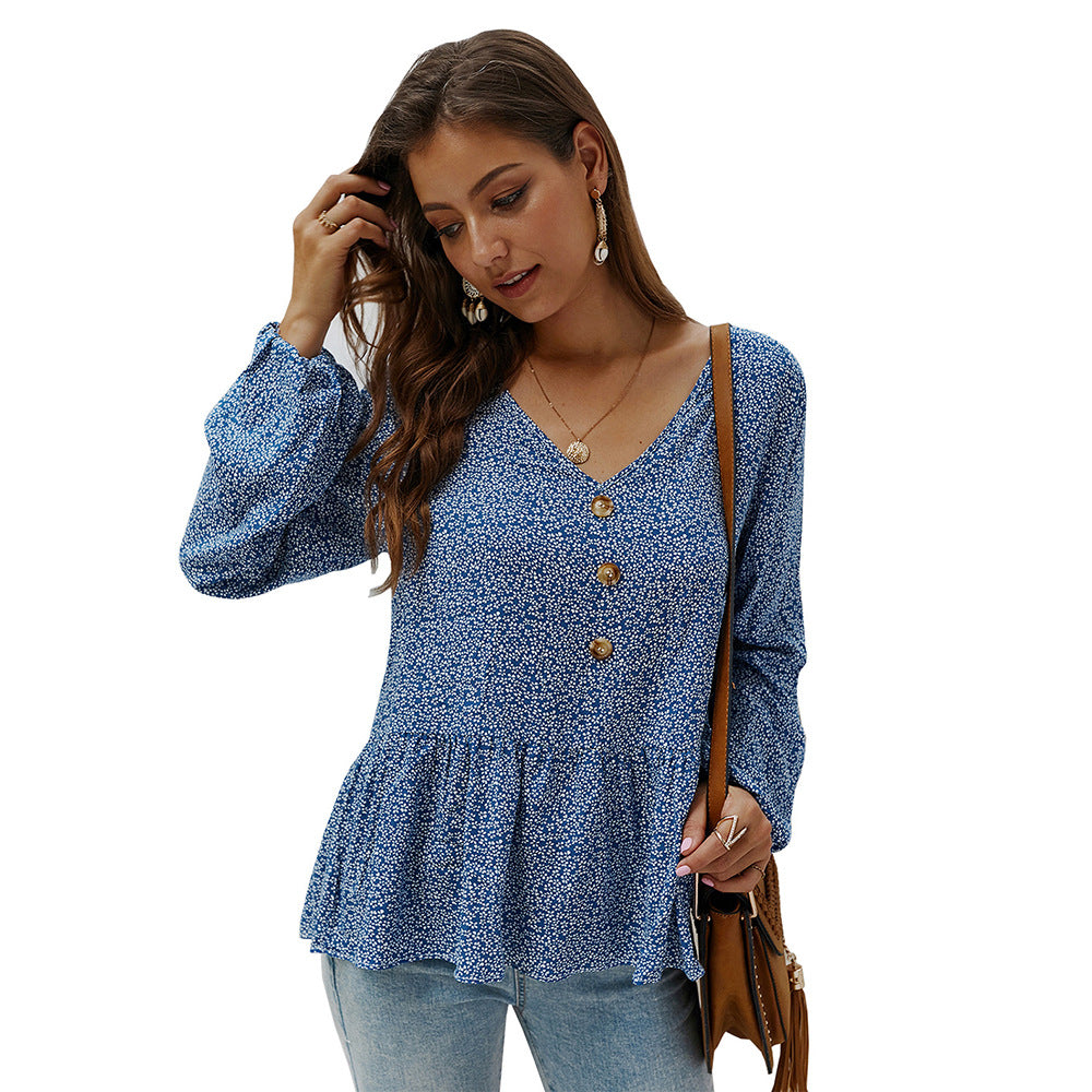 New Product Floral Long-sleeved V-neck Shirt Top