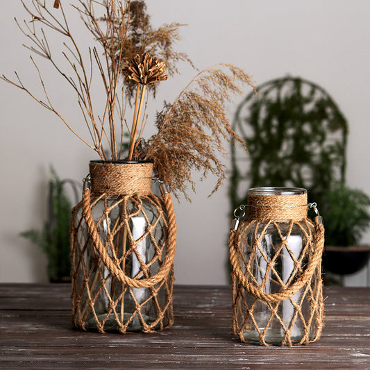 Hand-woven Hemp Rope Glass Transparent Vase