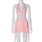 Short Stitching Ribbon Halter Lace Hollow-out Deep V-neck Backless Hot Girl Dress