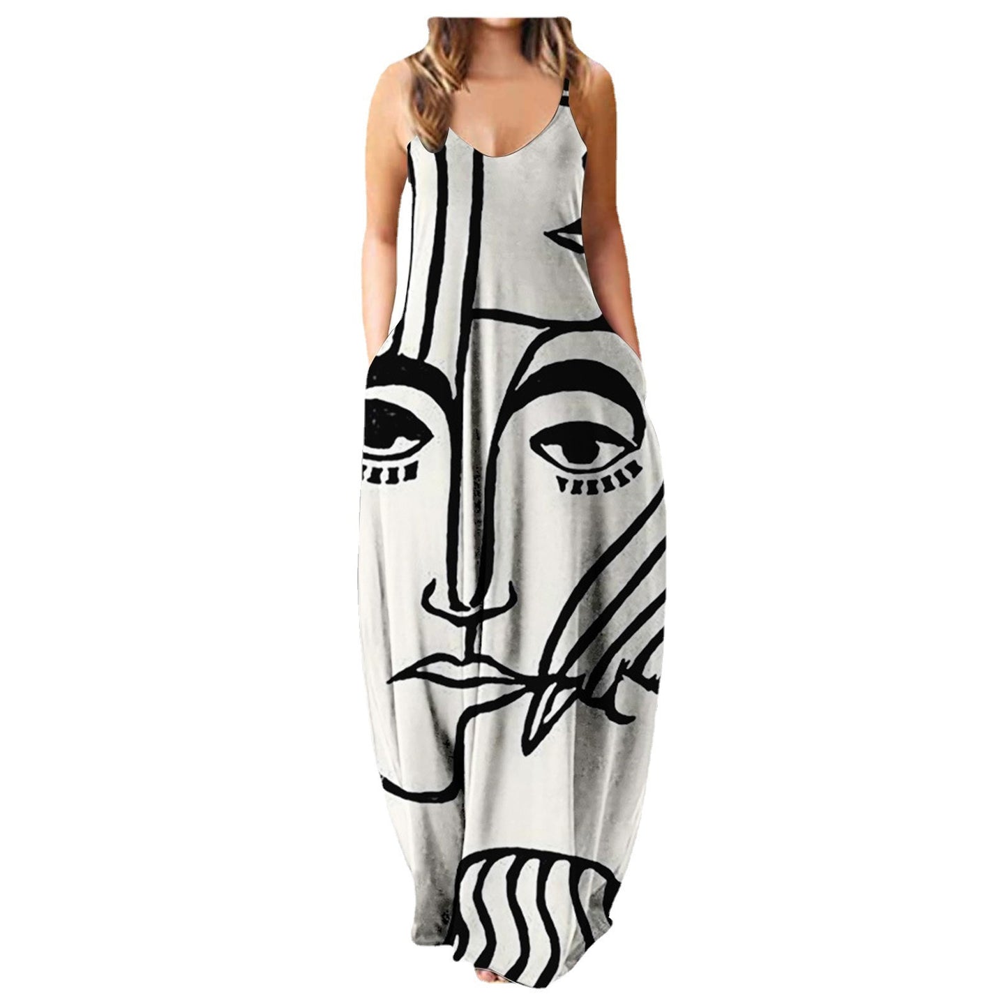 Summer Cool Strap Dress Abstract Face Style Digital Printing Elegant Street Dress