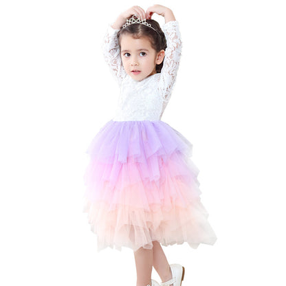 Girls Lace Backless Tutu Dress with Long Sleeves