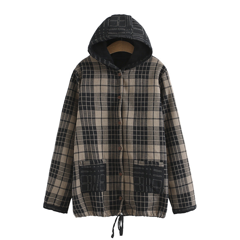 H5 plus size women's autumn and winter new fat sister mm plus velvet plaid double yarn hooded lining