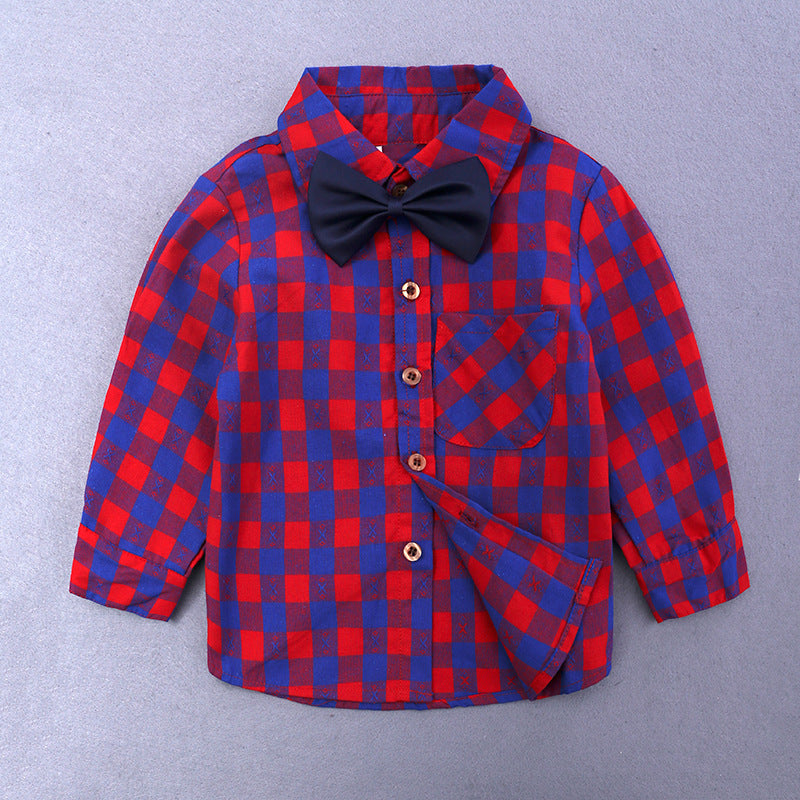 Boy's Long-sleeved Plaid Shirt Denim Trousers Three-piece Set