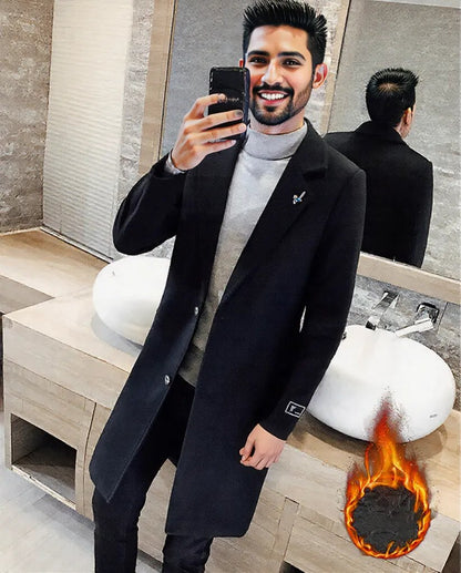 Black fashionable Winter men's long overcoat
