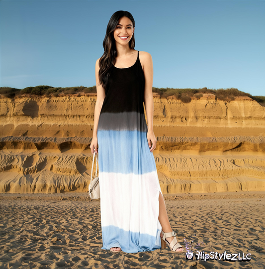 New Blue tie dye pattern Summer Strap Loose Split Vest Dress for women