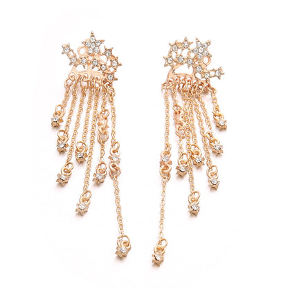 Diamond Studded Star Tassel Chain Back Hanging Earrings