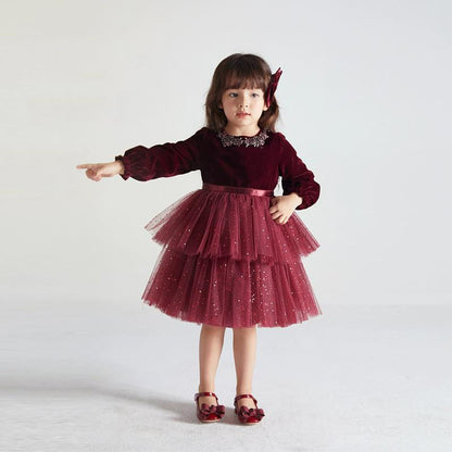European And American Long-sleeved Velvet Little Girl Fashionable Dress