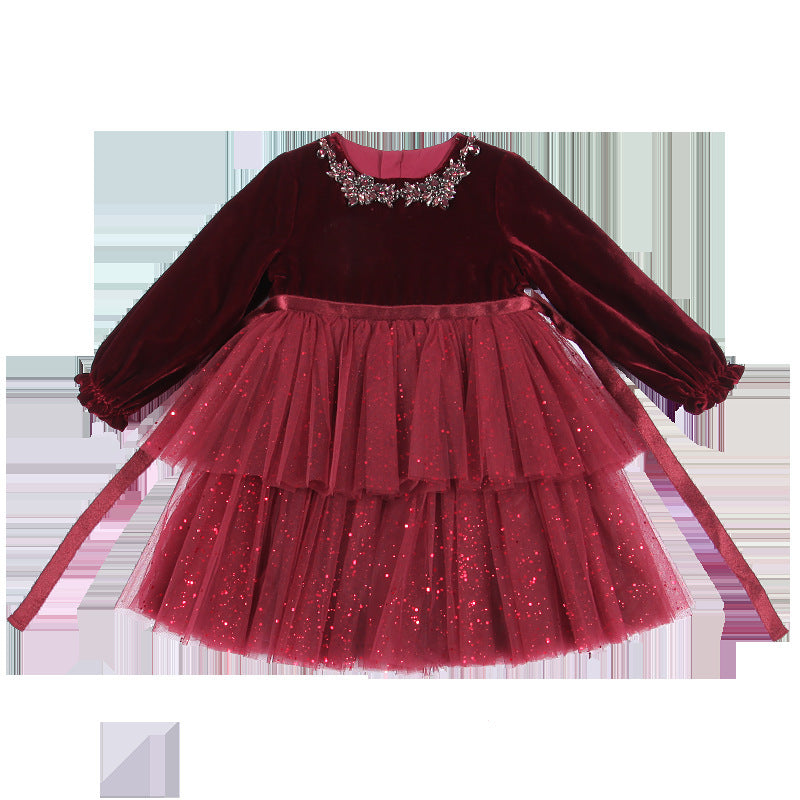 European And American Long-sleeved Velvet Little Girl Fashionable Dress