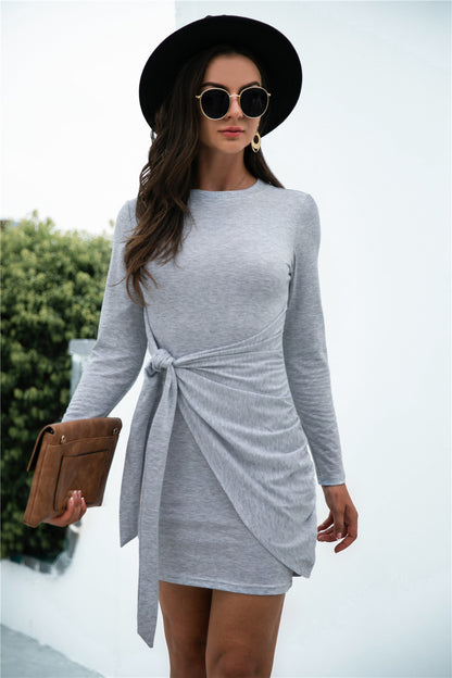 Hot New Product Long Sleeve Round Neck Tie Solid Color Dress