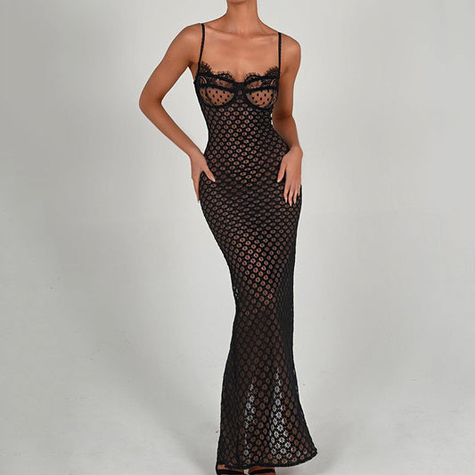 Fashionable Lace Back Split Polka Dot Dress
