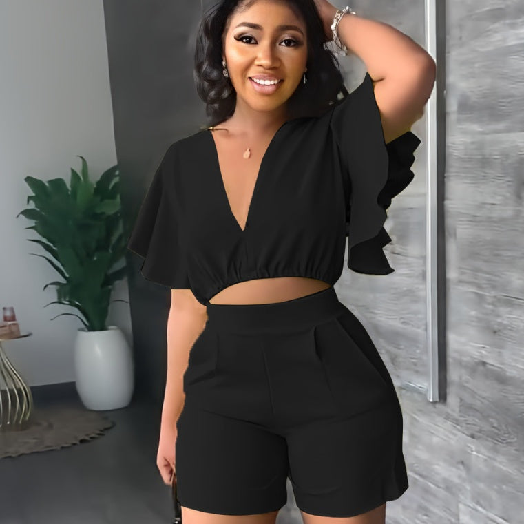 Ruffled Cropped V Neck Top Casual Shorts Summer Two-Piece Set