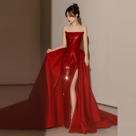 Banquet Light Luxury Annual Meeting Host Red Dress Bride Wedding Engagement Bra Toast Dress