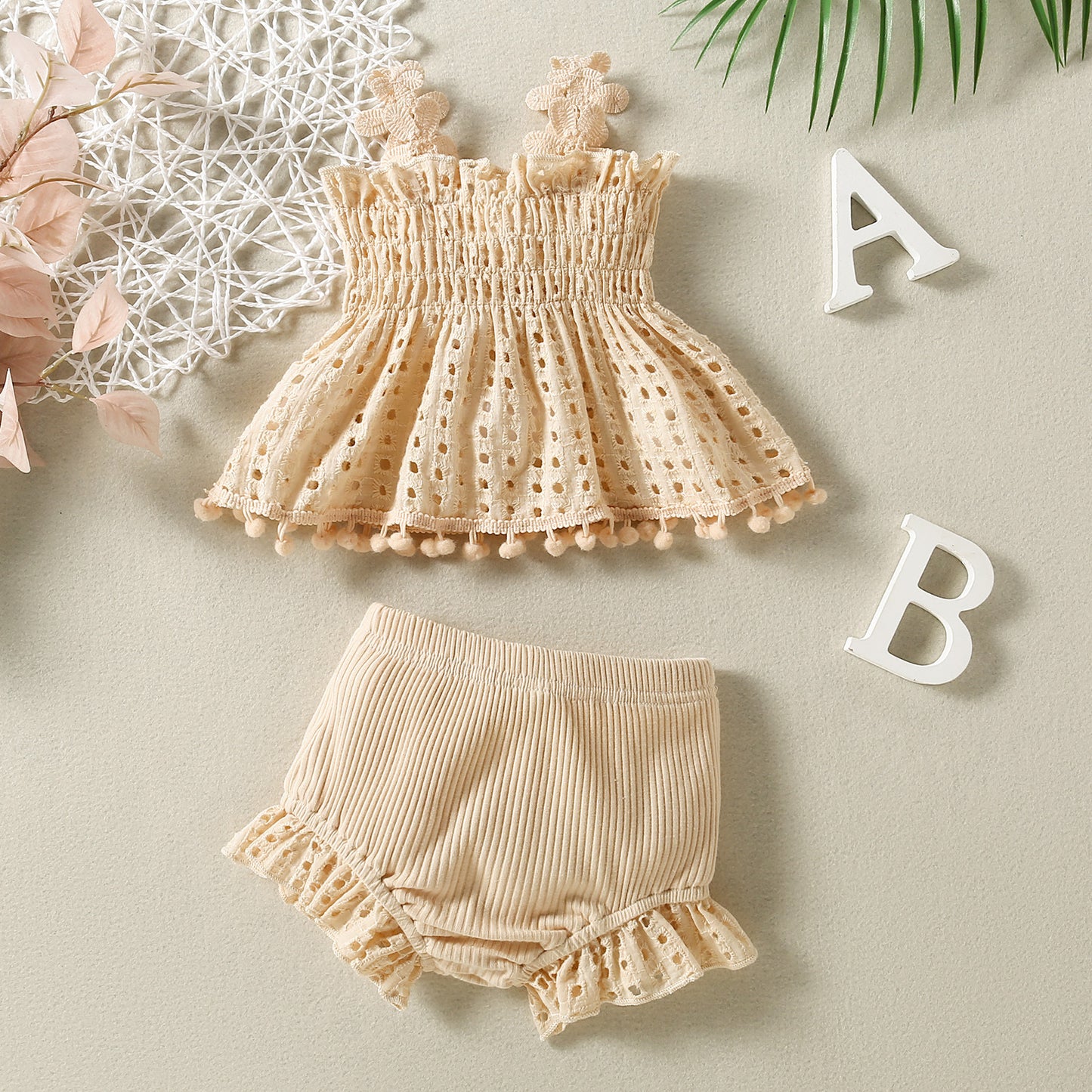 Cotton Net High Temperature Dyed Apricot Color Baby Fashion Two-piece Set