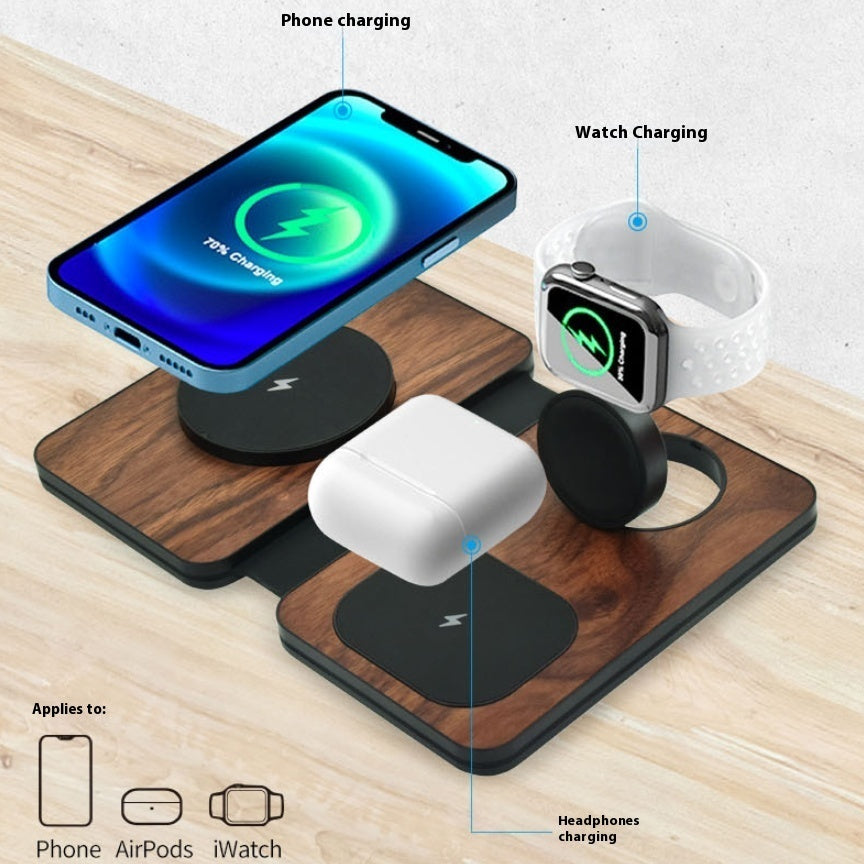 Three-in-one Walnut Magnetic Wireless Charger Portable Foldable Wireless Charger