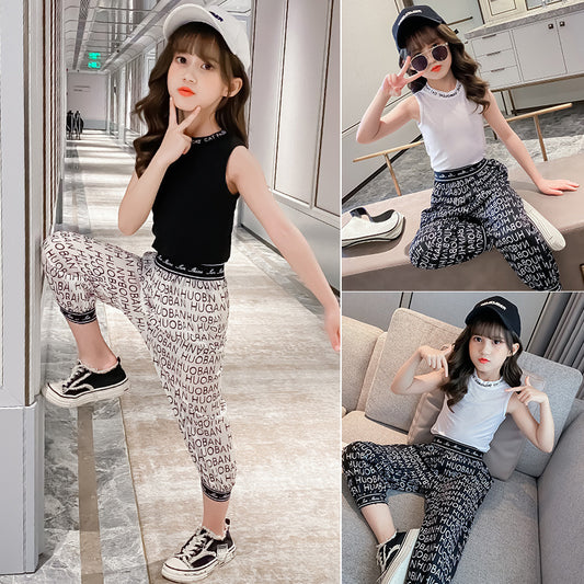 Girls Korean Style Sleeveless Two-piece Sports Suit