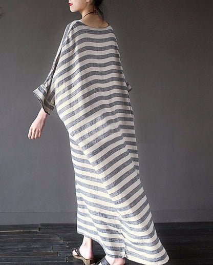 Cotton And Linen Stripes Loose Plus Size Long Dress