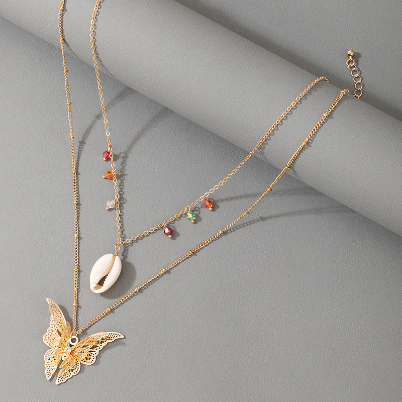 Simple Retro Ethnic Butterfly Shell Color Beads 2 Layer Necklace