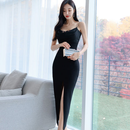 New Product Fashion Lace Stitching Bag Hip High Slit Dress Women